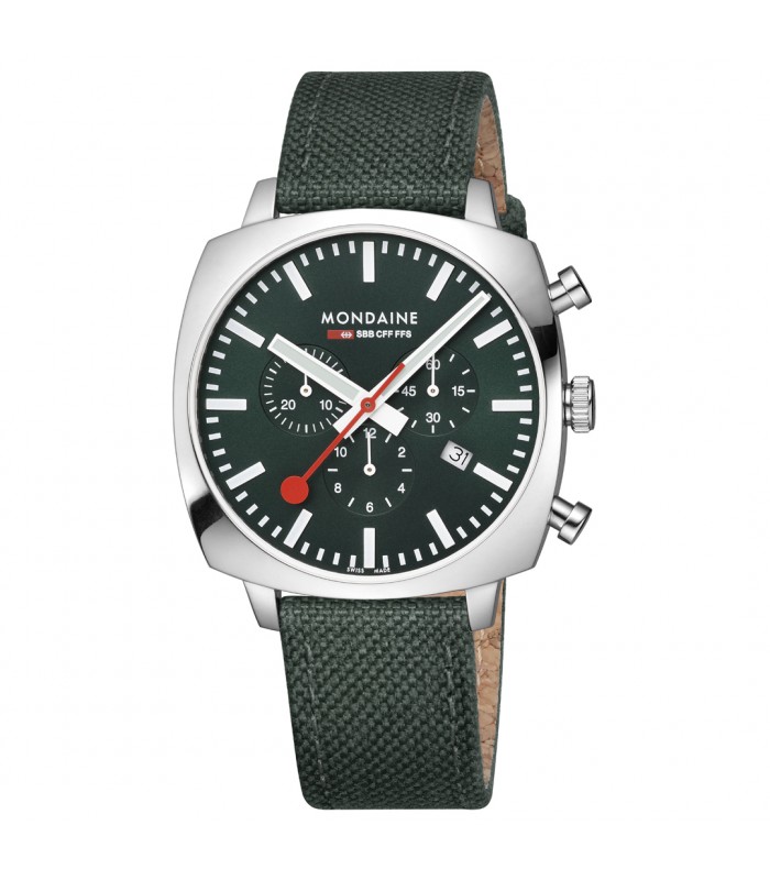 Mondaine Grand Cushion, il nuovo cronografo dallo stile retrò con quadrante verde.