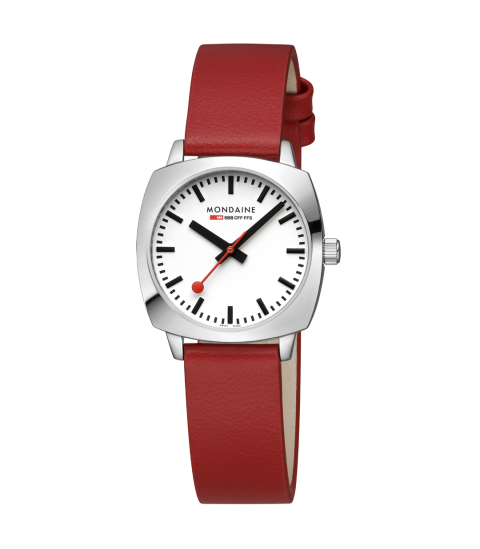 Mondaine Orologio Donna Petit Cushion, cassa lucida, cinturino rosso, MSL.31110.LCV